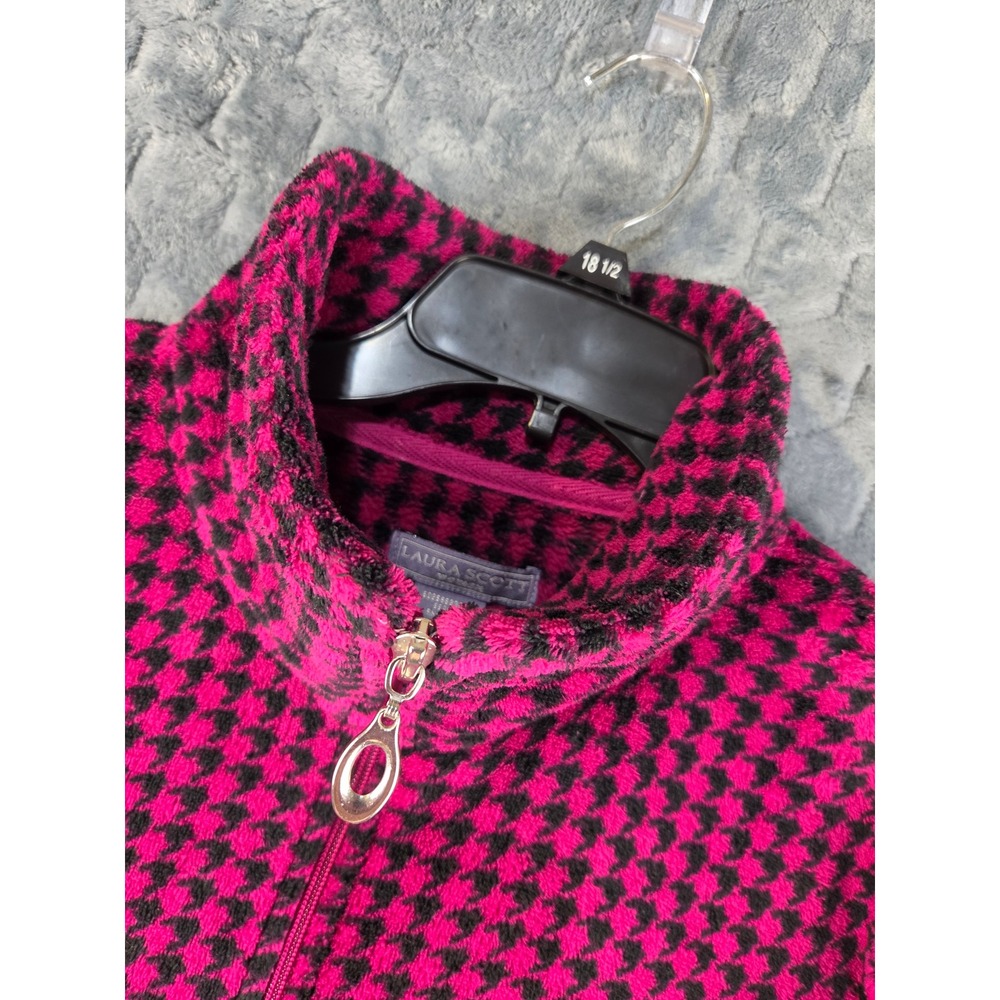 Laura Scott Woman Pink Black Houndstooth Fleece Full Zip Jacket Plus Size 2X